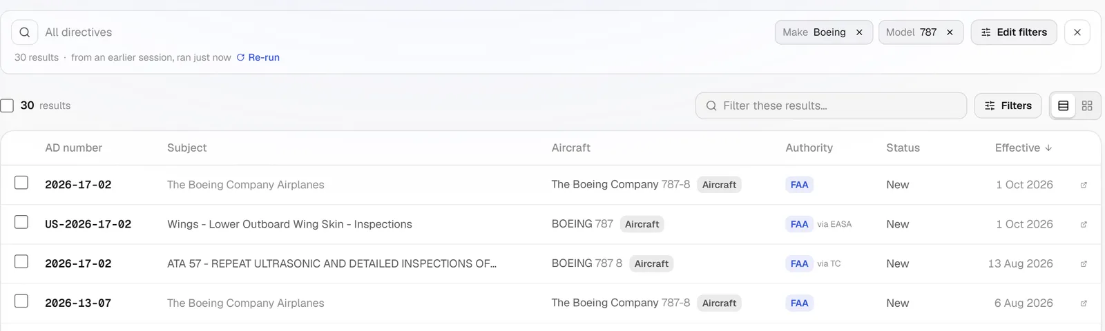Search results listing AD 2026-17-02 as issued by the FAA and adopted by EASA and Transport Canada